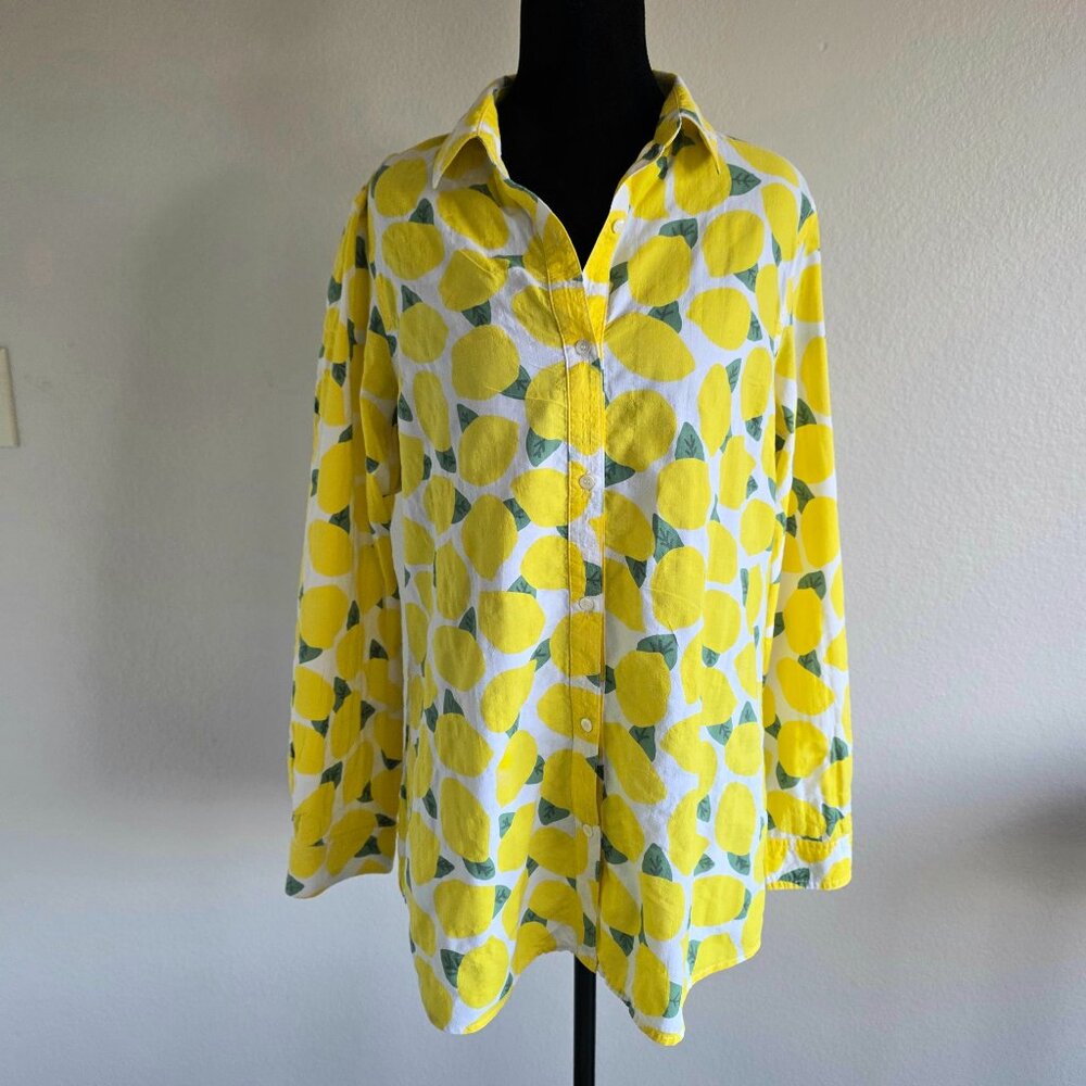 J McLaughlin Lemon Fruit Print Lois Shirt Button Up Long Sleeve Women Size M
